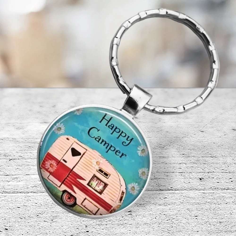 Happy Camper Keyring Fob Round Pendant Keepsake Gift Charm and Black Gift Pouch